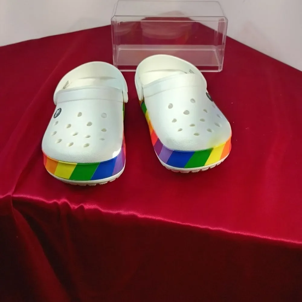 Crocs Men's SZ 5 Women's SZ 7 Rainbow Pride White Slip On Shoes Sandals